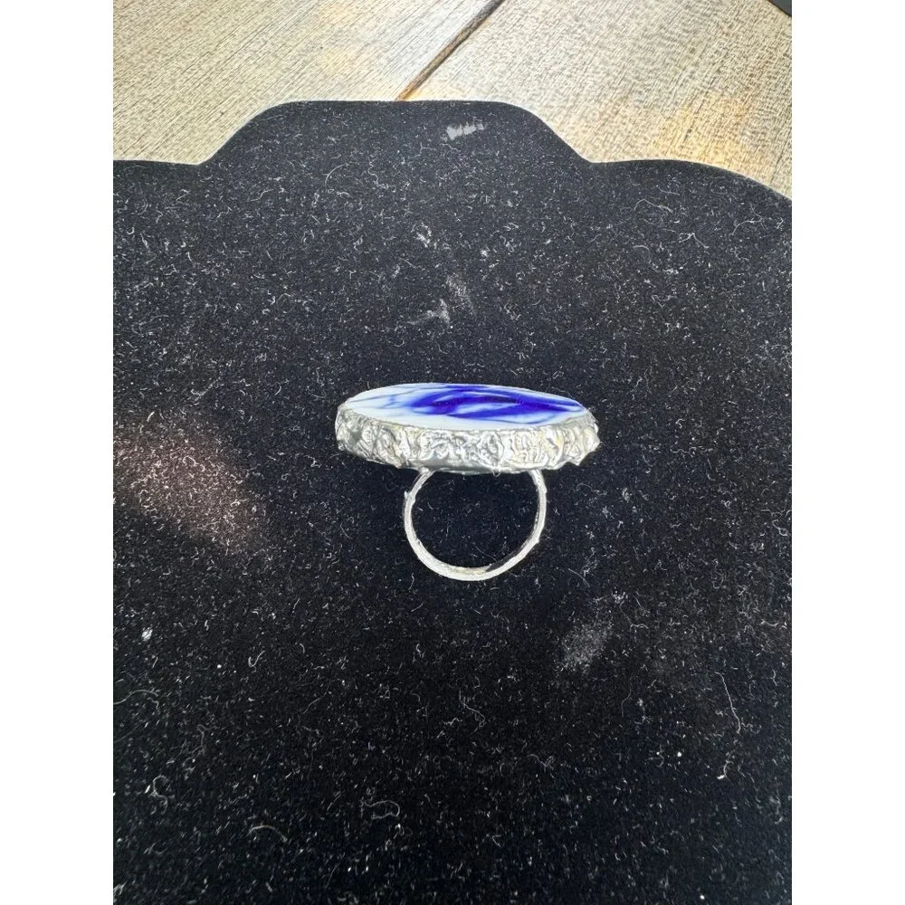 Artisan Silver & Blue Willow China Statement Cocktail Rose Ring Size 9 - Picture 9 of 16